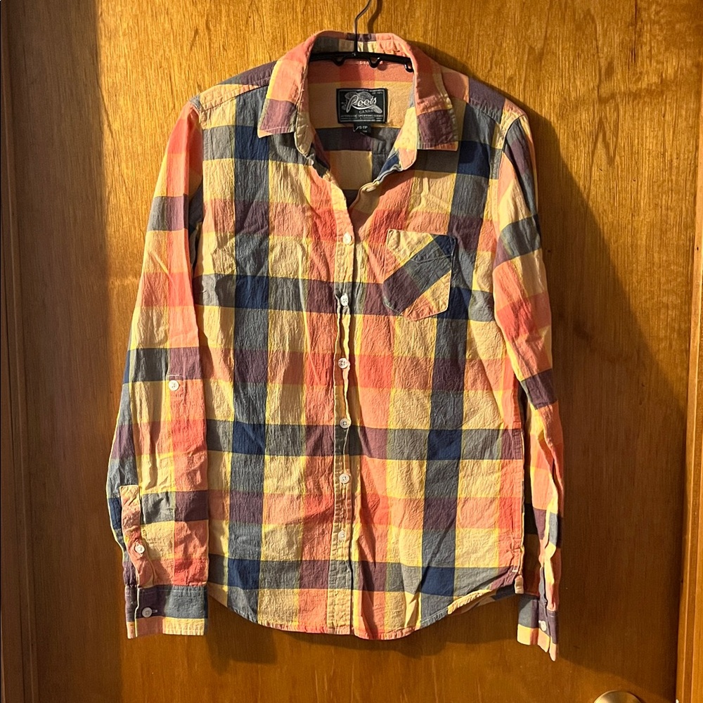 Roots Men's Plaid Button-Down Shirt in Yellow, Navy & Coral XS